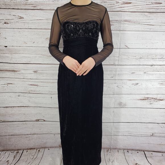 Vintage Ever Beauty Women's Black Velvet Mesh Beaded Evening Dress 10 - Picture 1 of 11